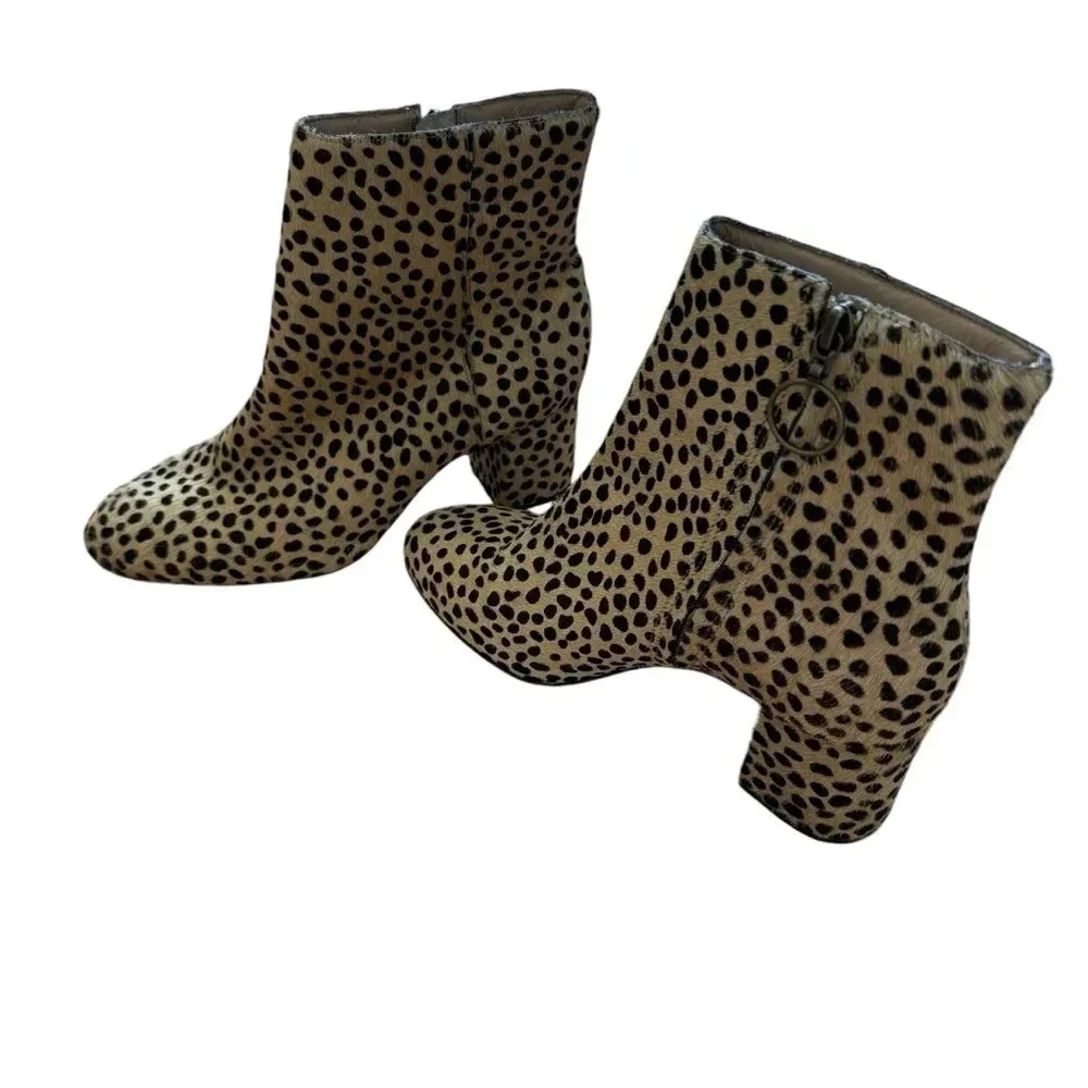 Able Cheetah Hair Celina Leather Ankle Booties Block Heel Size 7